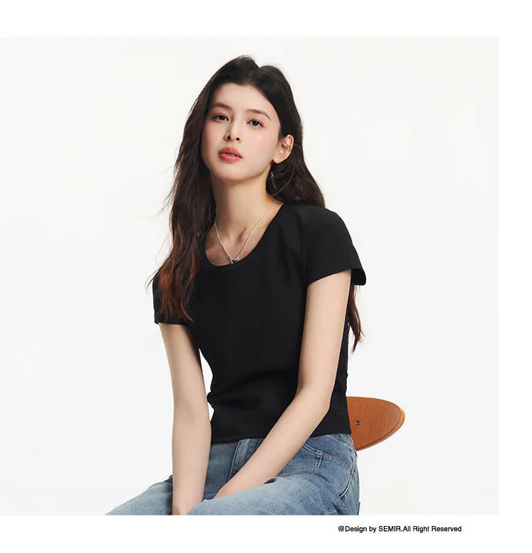 Semir Short Sleeve T-Shirt Women Cropped Slim Fit Shoulder Fit Design 2026 New Summer Embroidered Top Versatile for Chic Outfits