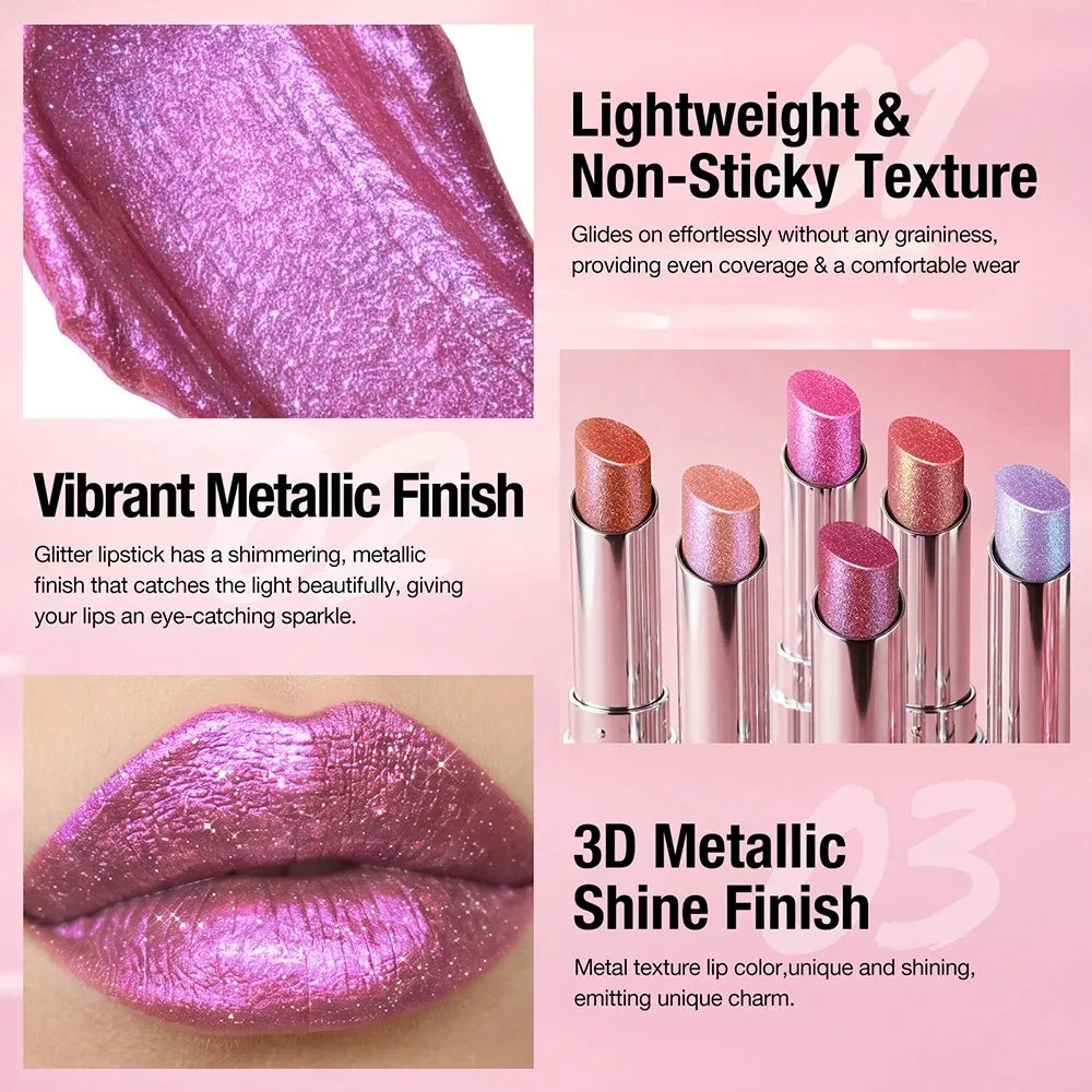 6 Colors Glitter Lipstick Hydrating Red Pink Sparkling Shine Lip Color Highly Pigmented Lip Tints Metallic Finish Lip Makeup