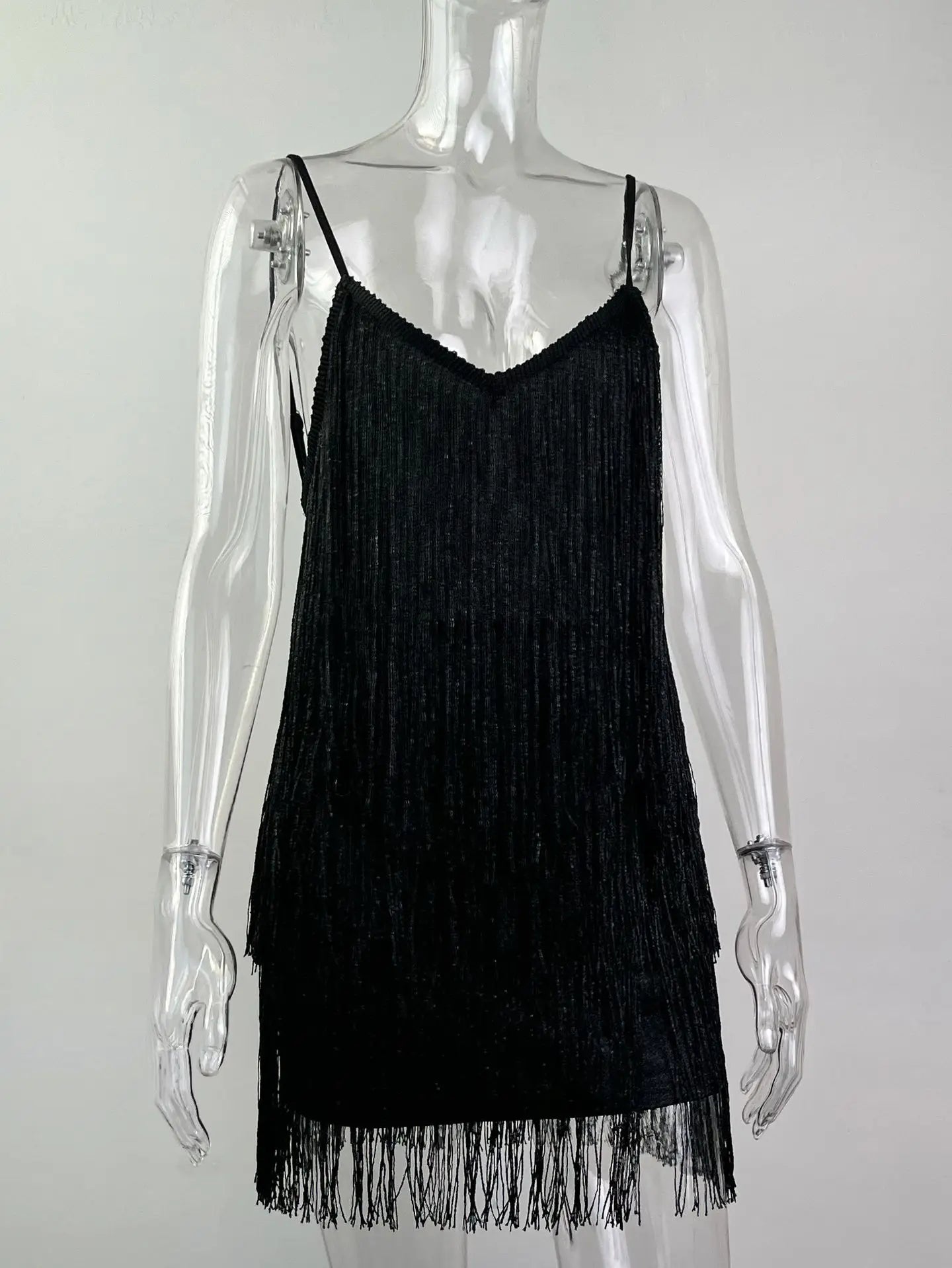 Leosoxs Women Sexy Deep V-Neck Spaghetti Straps Fringe Bodycon Mini Dress Tassels Backless Gatsby Cocktail Club Party Dresses