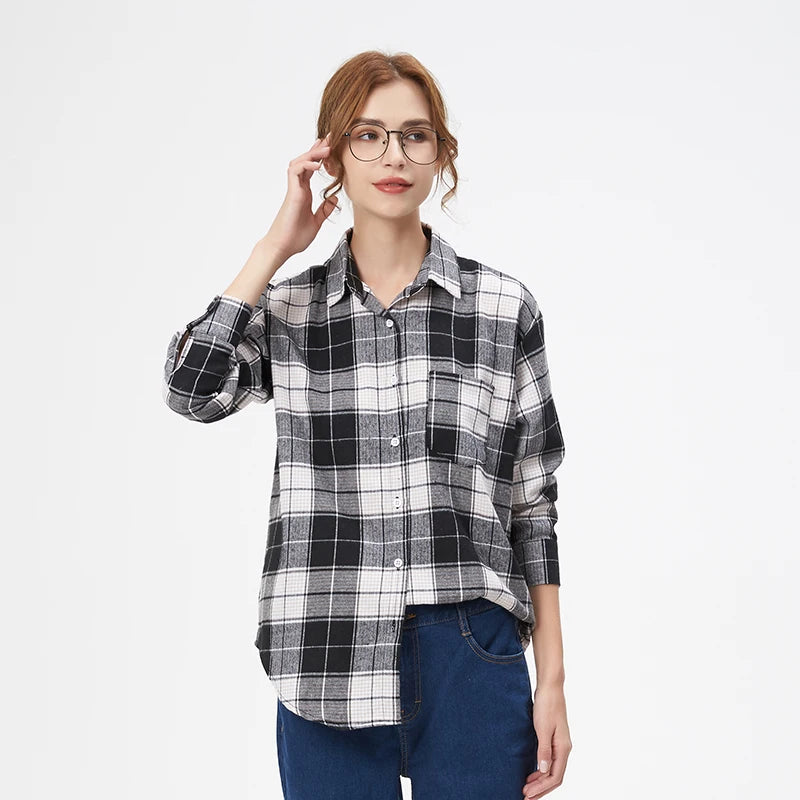 Women's Plaid Long Sleeve Shirt - Loose Casual Button-Up Blouse - photo 14