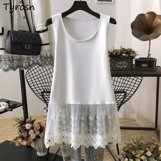 Solid Tanks Women Bow Pattern Hollow Out Lace Patchwork O-neck Simple All-match Summer Korean Style Loose Fashion Leisure Thin