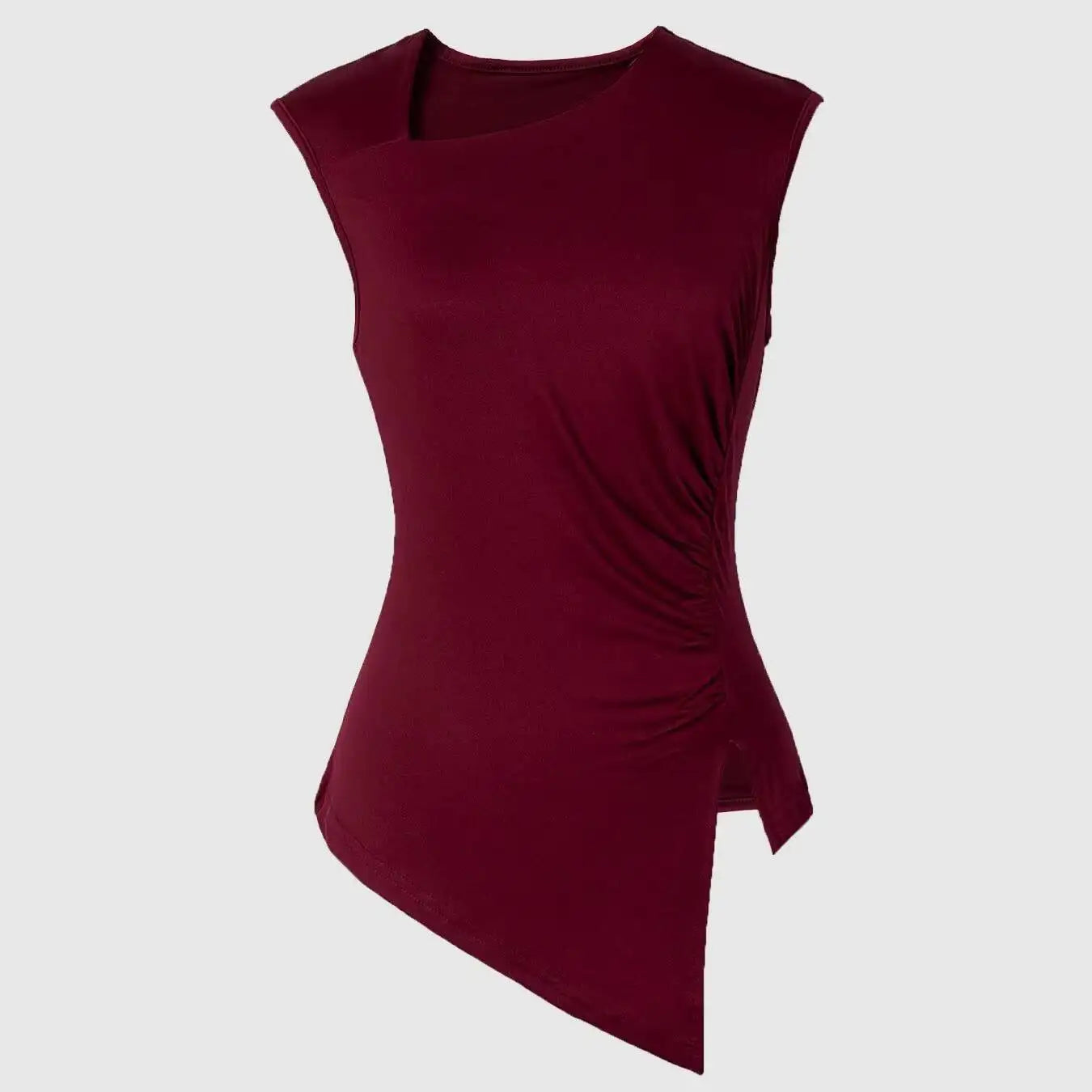 Women's Sleeveless Top Burgundy Side Ruched Asymmetric Hem One-Shoulder Cutout Spring Summer Elegant Stylish Daily Dating Casual