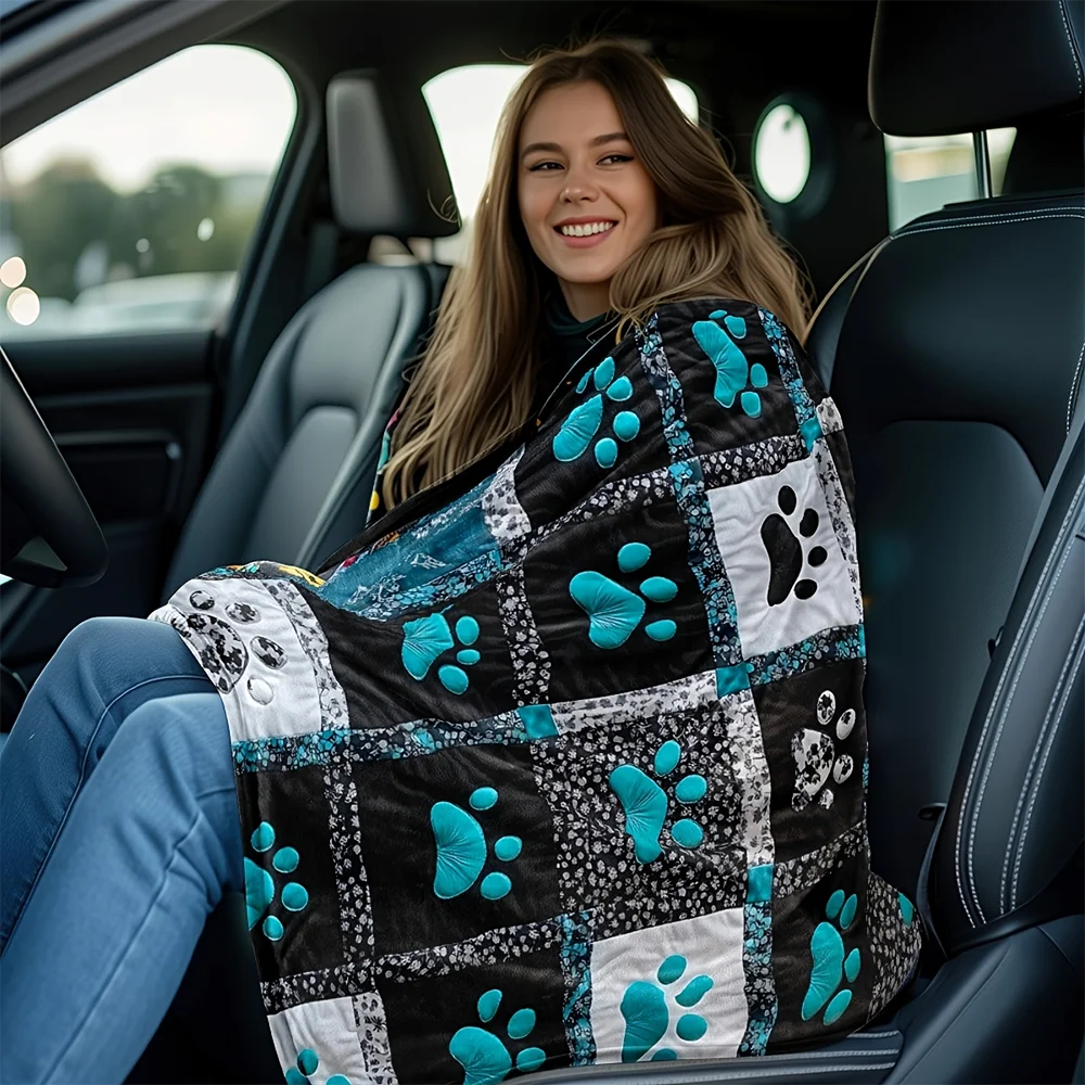 Teal Paw Print Quilted Throw Blanket - Patchwork Fleece for Pet Lovers - photo 3