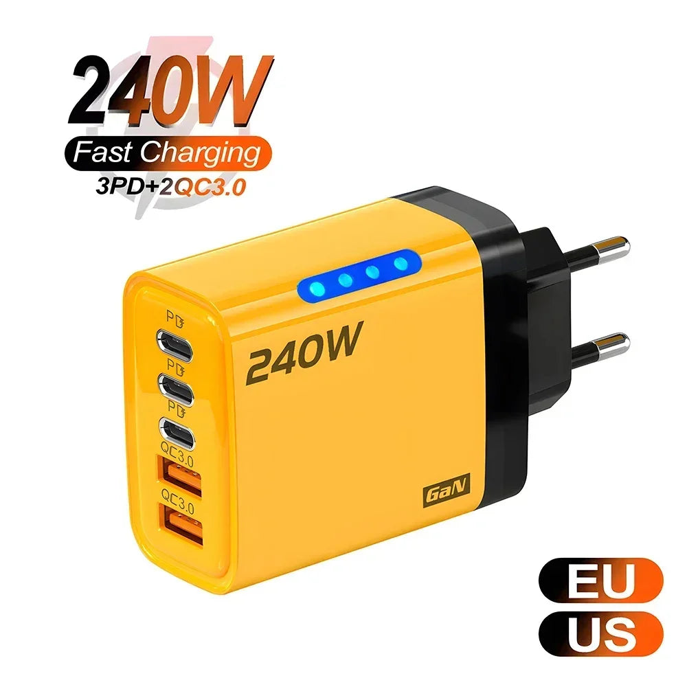 240W GaN USB C Charger 5 in 1 Fast Charging Phone Charger Power Adapter For iPhone Samsung Xiaomi Type C EU/US Plug Wall Charger