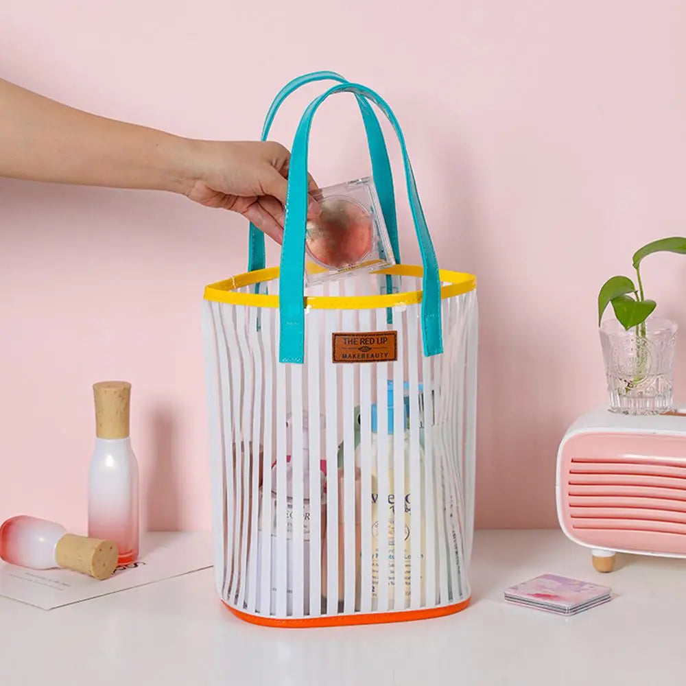 Large Capacity Transparent Handbag Waterproof Stripe Print Beach Bag Wash Bag Protable Travel Shopping Sundry Storage