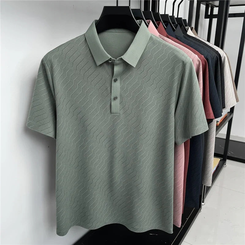 Men's Hollow-Mesh Polo - Wave Pattern, Slim Elastic Business Fit