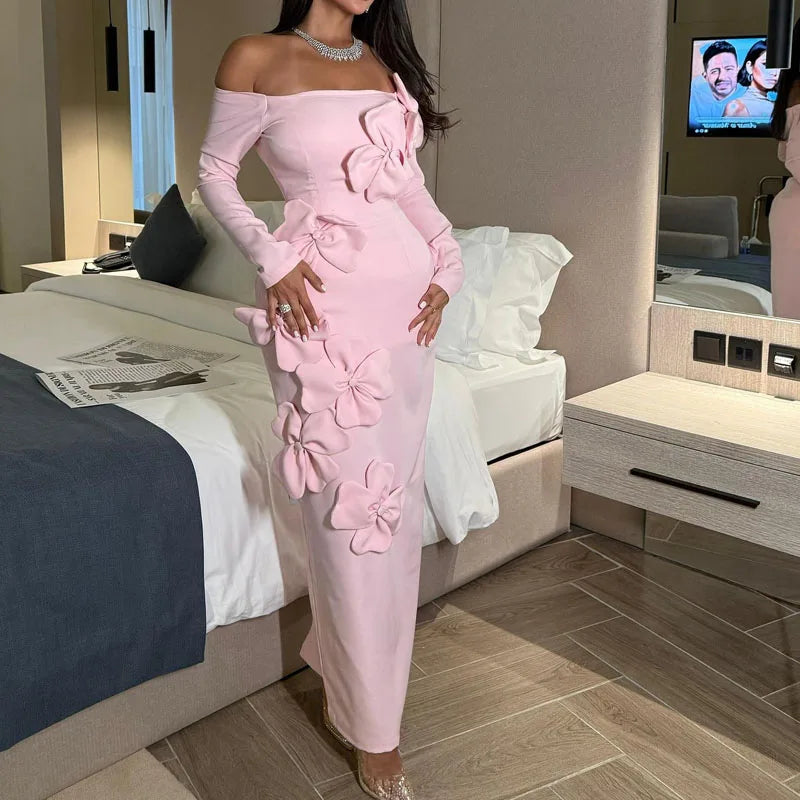 Elegant Off Shoulder Long Sleeve Skinny Dress Fashion Flower Dimensional Pink Wrap Hip Dress Lady Sexy Backless Solid Long Dress