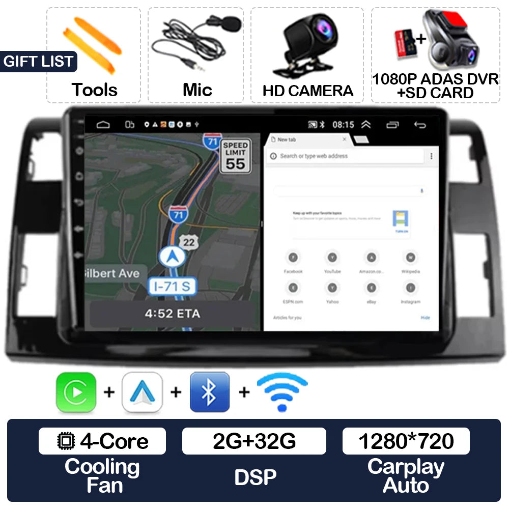 Wireless CarPlay & Android Auto Display Screen, Compatible with Toyota Previa XR50 III & Estima