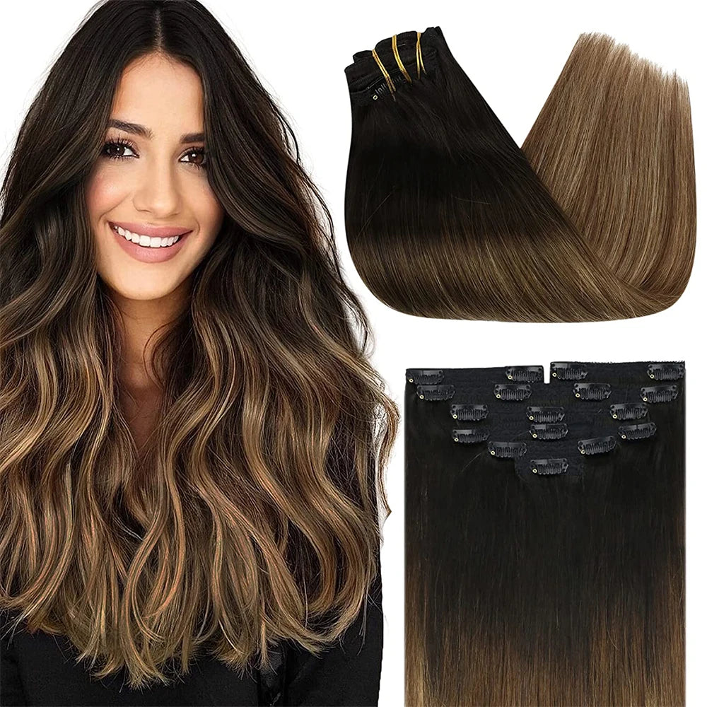 VeSunny Clip in Hair Extension Human Hair Balayage Natural Human Hair Extension Human Hair Clip Extension for Women