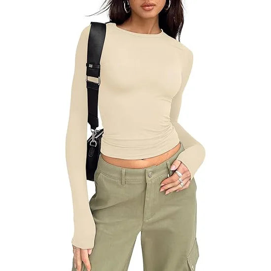 1pcs Four Seasons Fashion Senior Women T-shirt Long Sleeve Crew Neck Solid Slim Fit Tee Ladies Crop Top  Daily Streetwear Camis