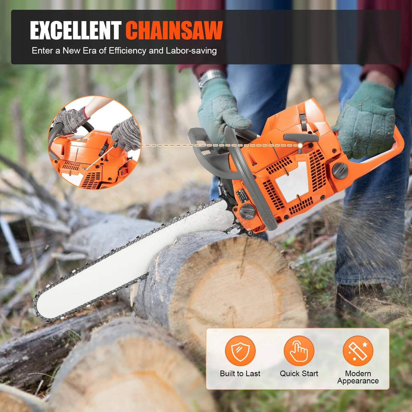 65/72cc Gas Chainsaw — 24" Guide Bar 2-Cycle Petrol Saw for Farm & Garden