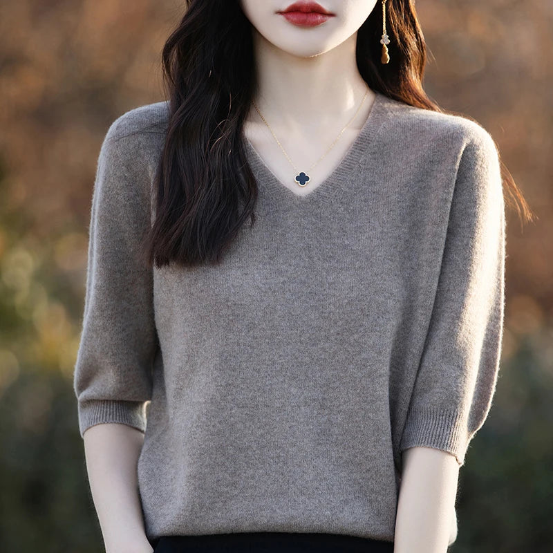 RONGYI Spring/Summer 2026 Ladies Sweater Pullover Solid Color V-neck Half-sleeved Knitted Cashmere Sweater Thin Casual Top