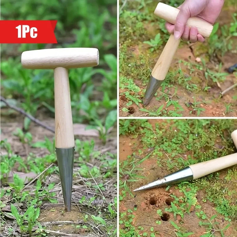 Hand Sow Dibbler With Wood Handle For Sowing Seeds Transplanting Plants Planting Bulbs Digging Gardening Garden Hole Punch Tool