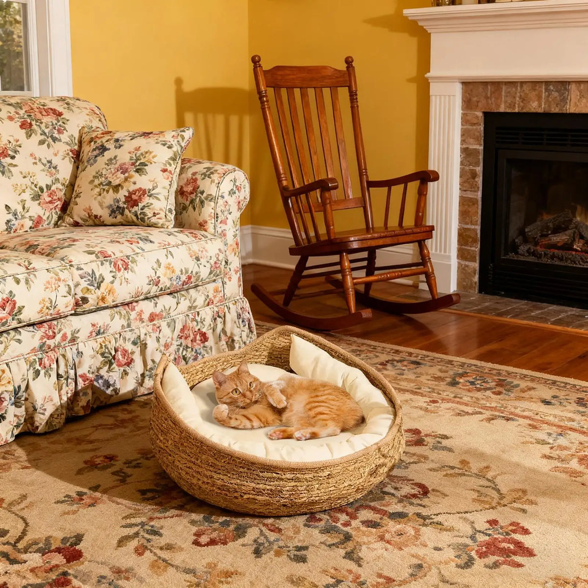 Cat Basket Bed Cotton Rope Woven Cat Bed with Pillow and Cushion All Season Indoor Weaving Pet Resting Scratching Sleeping