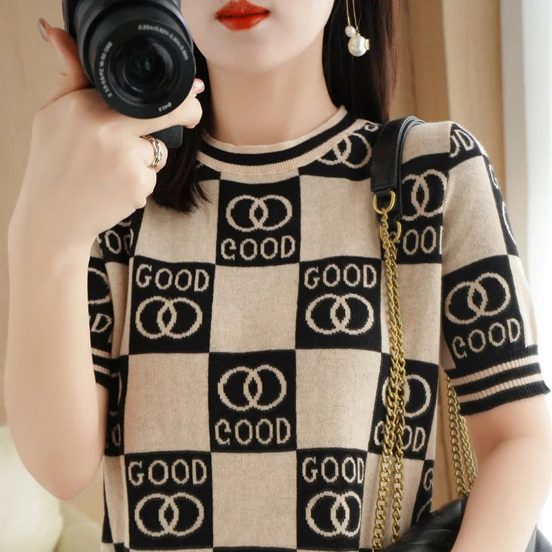 Pure Cotton Hollow Short-Sleeved Ladies Spring And Summer Loose Slim New Joker Knit Bottoming T-Shirt