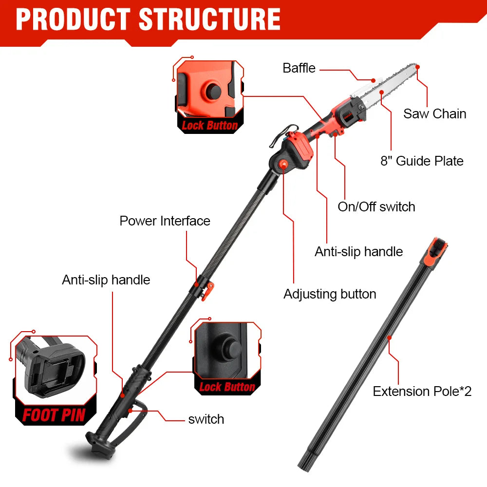 ONEVAN Cordless Telescoping Pole Saw — 2.25m Electric Branch Pruner