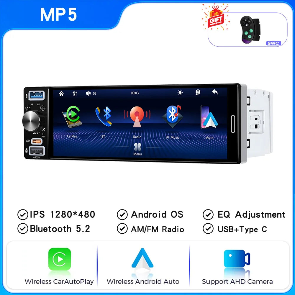 6.5" 1 DIN Universal Car Stereo with Apple CarPlay & Android Auto (MP5)