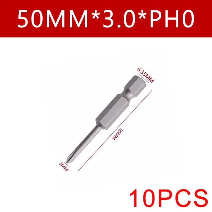 Cross Screwdriver Bit Set — 50mm Alloy Steel 1/4" Hex PH0/PH1/PH2 Bits