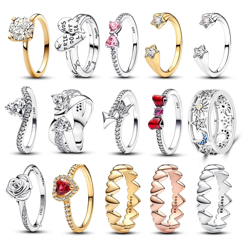 New in 925 Sterling Silver Sun and Moon Love Princess Zircon Oxide Enamel Heart Love Rings Fashion Fine Jewelry For Women Gifts