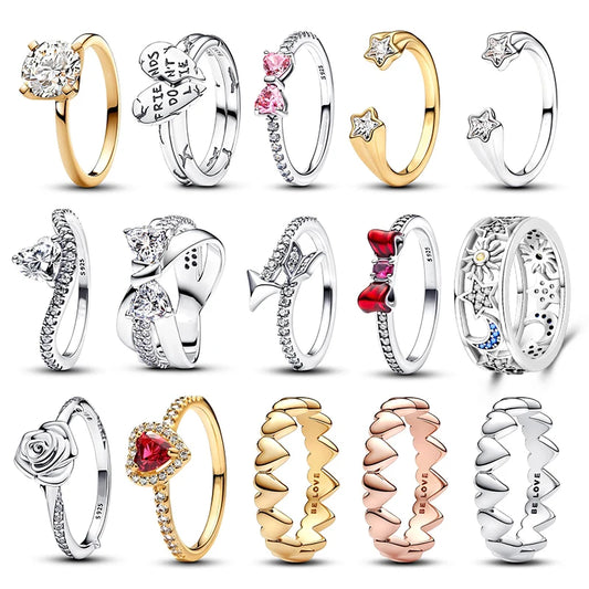 New in 925 Sterling Silver Sun and Moon Love Princess Zircon Oxide Enamel Heart Love Rings Fashion Fine Jewelry For Women Gifts