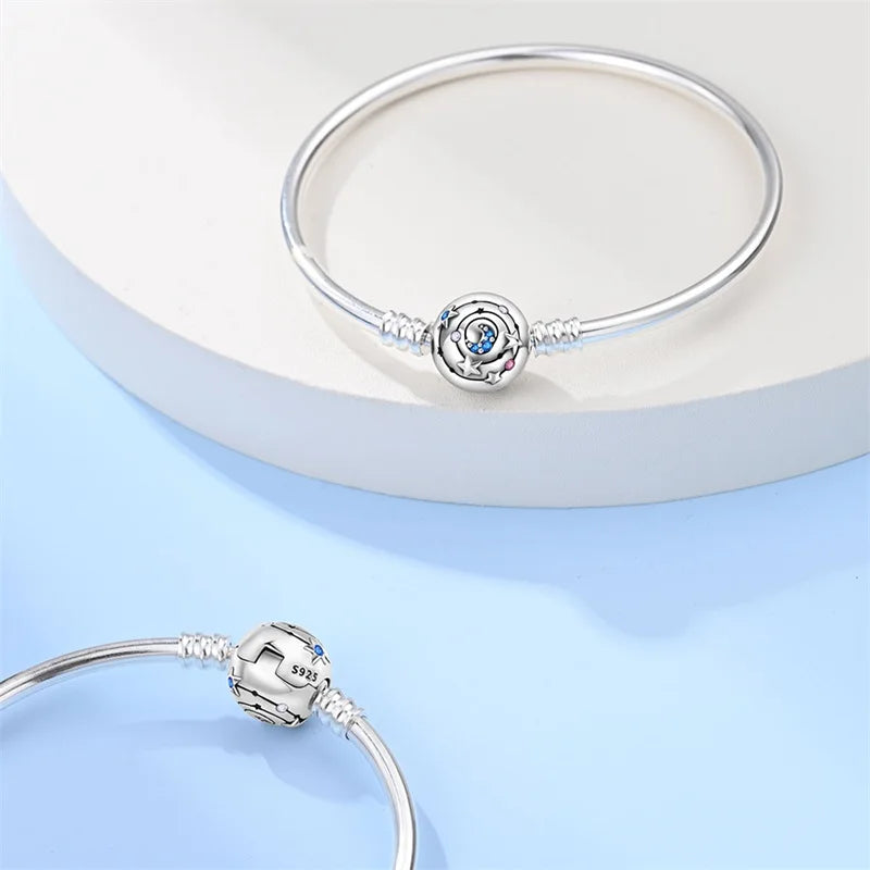 925 Sterling Silver Charm Bracelet – Star Moon Sun Four Leaf Clover Zircon | DIY Birthday Gift for Women (17-20cm)