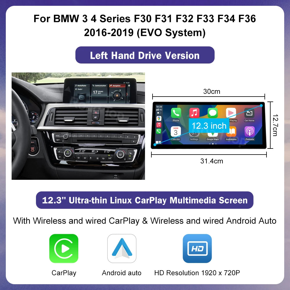 12.3" Ultra-Thin Wireless CarPlay Screen for BMW 1/2/3/4 Series F20 F21 F22 F23 F30 F31 F33 F36 — CIC/NBT/EVO
