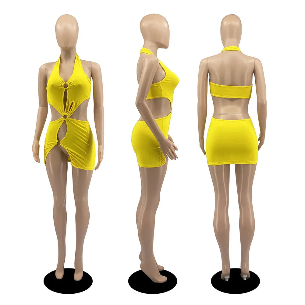 Summer Dresses Woman 2026 High Street Stretch Slim Hollow Sexy Mini Bodycon Dress Elegant Orange Sleeveless Club Party Sundress