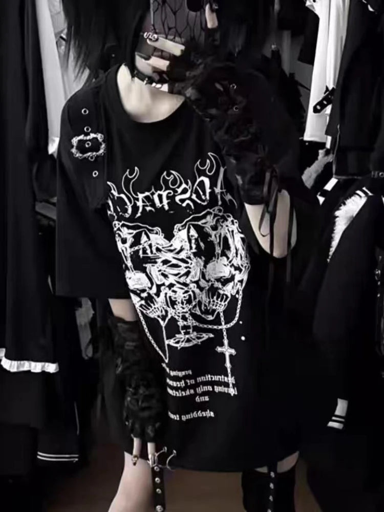 Yabi Hottie Gothic Dark Vintage Tops Subculture Y2k Print Short Sleeves Loose T-shirt Women Black Casual Clothes 2000s Chic Tees