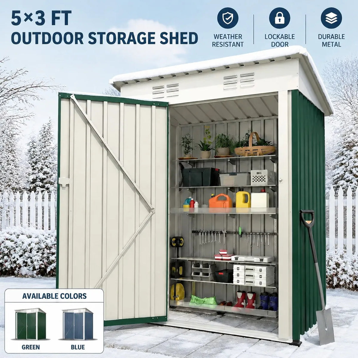 Heavy-duty 5x3 ft lockable metal storage shed — view 1 of 18