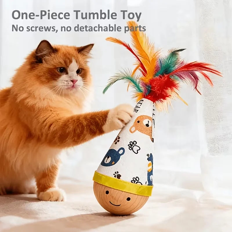 A cartoon-printed cat figurine doll toy. The sturdy wooden base provides a platform for the cat to exercise and play.