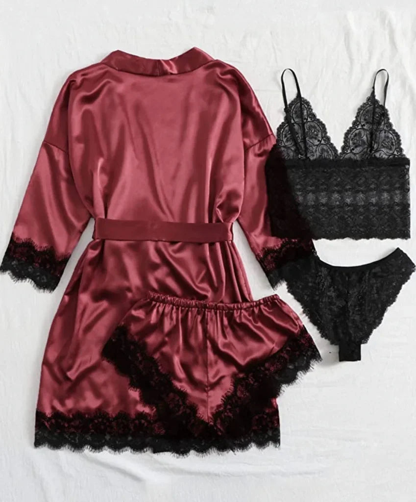 Women's 4-Piece Lace Camisole Pajama Set – Sexy Lingerie Nightgown, Shorts, Robe & Leisurewear | S–XXL (7 Colors)