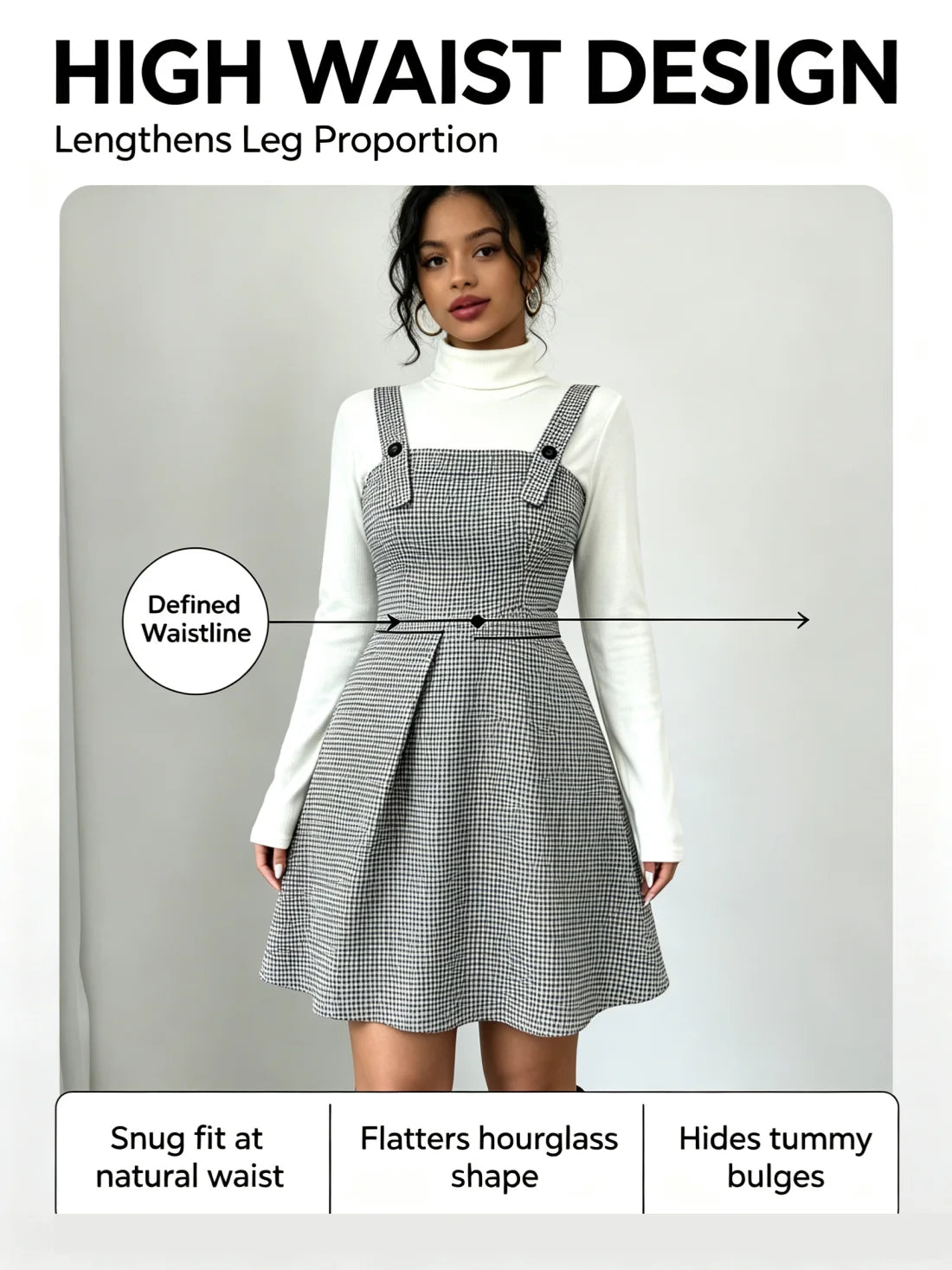 Women Vintage Houndstooth Pinafore Dress High Waist A-Line Mini Dress Adjustable Button Strap Sleeveless Suspender Skirt