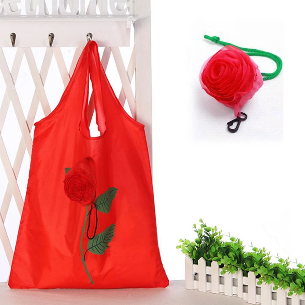 Rose Flower Shopping Bags Portable Storage Organizers Polyester Cloth Eco Large Capacity Women's Bag Travel Foldable Handbag