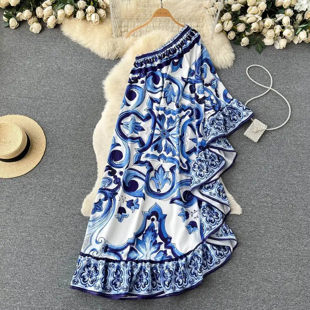 Summer Long Dress Women Runway Blue And White Porcelain Asymmetry Sexy Off The Shoulder Ruffles Hem Loose Robe Maxi Vestidos