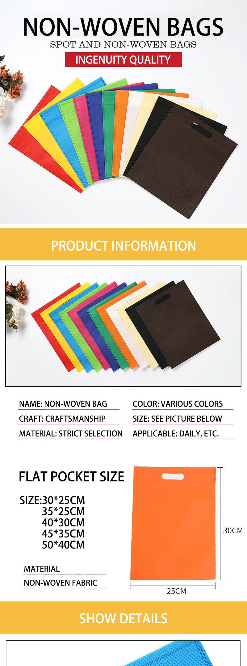 50pieces Nonwoven Storage Bags Eco-friendly and Reusable Nonwoven Shopping Bags Gifts Promotional Tote Bags