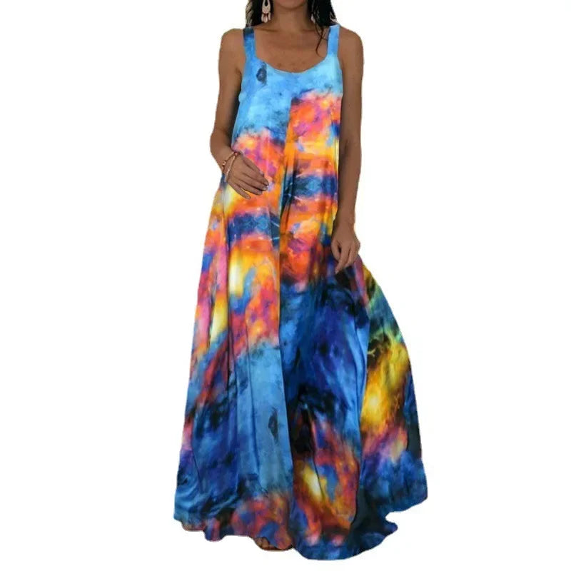 Women's Flame Print Sleeveless Maxi Dress – Casual Summer Sundress