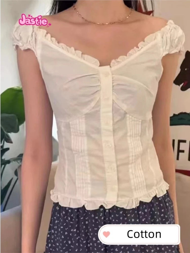 White Lace Tied Square Neck Summer T-shirts Chic Elegant Short Sleeve Tee Cotton Y2K Street Casual Bow Tie-up Top Women