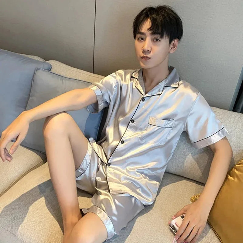 Women's & Men's Satin Pajama Set - Short Sleeve, Solid Colour