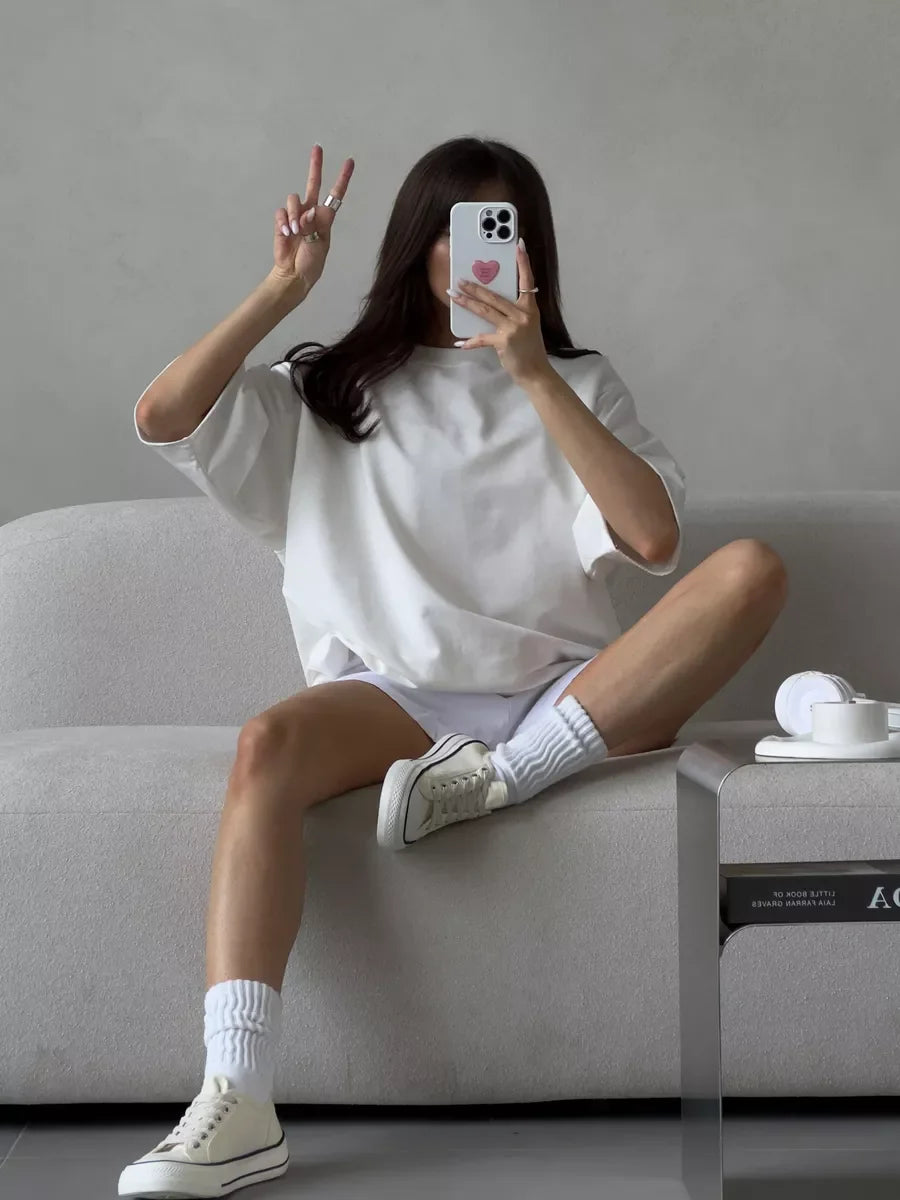 Hirsionsan Summer Casual Oversized T-shirts Women 100% Cotton Pink Loose Tees 2026 New Cusual Solid O Neck Female Aesthetic Tops