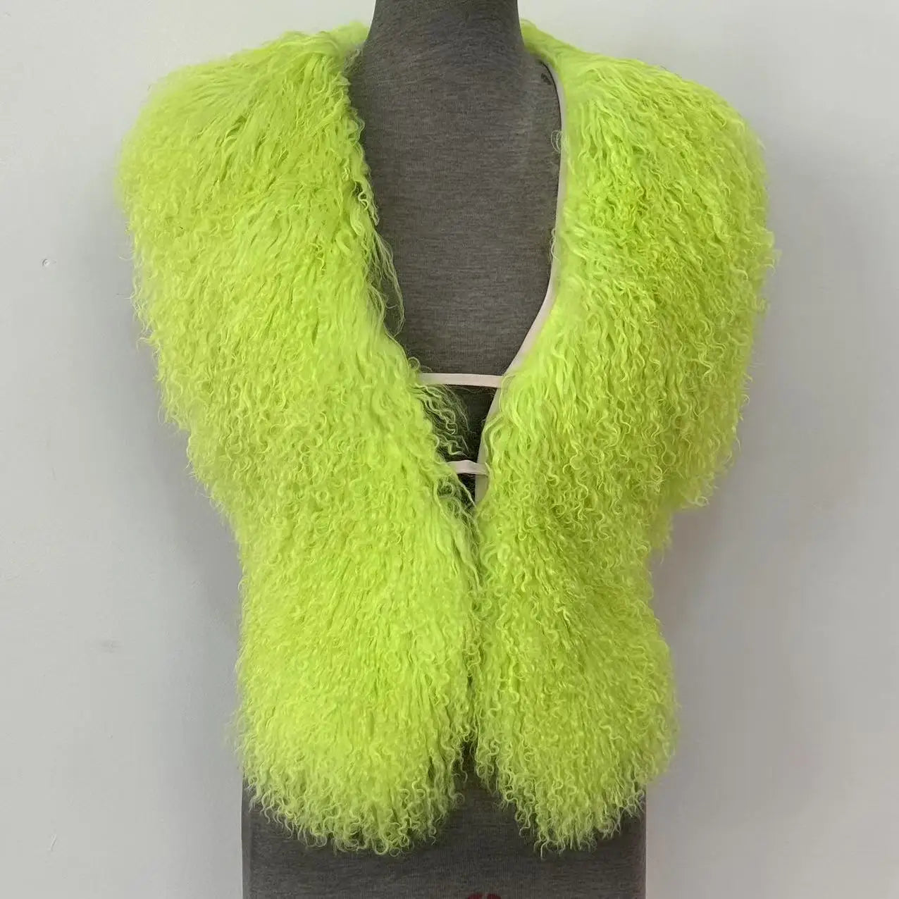 Fluffy Luxury  Real Mongolian Fur Halter Vests Women Solid Deep V-Neck Backless Bandage Sleeveless Jackets Top Outerwear Coat