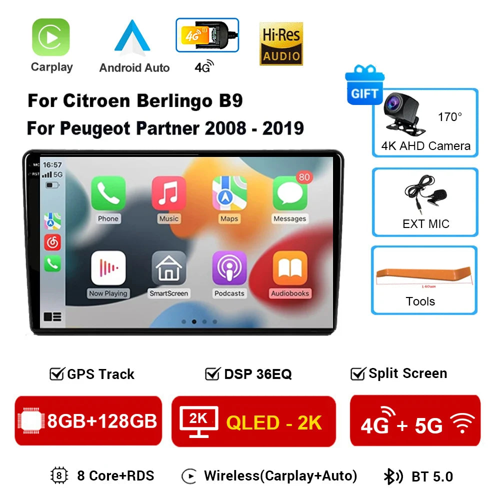Android 16 Car Radio 4G+WIFI Carplay For Citroen Berlingo For Peugeot Partner 2008 - 2019 Navigation GPS Car Multimedia Player