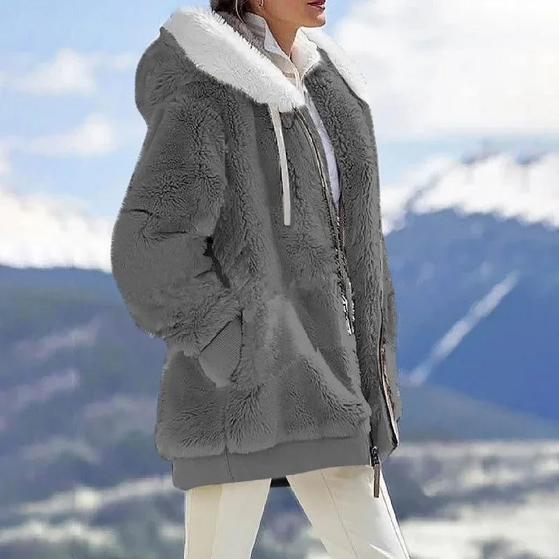 Women's Hooded Fleece Zip Jacket, Casual Winter Coat