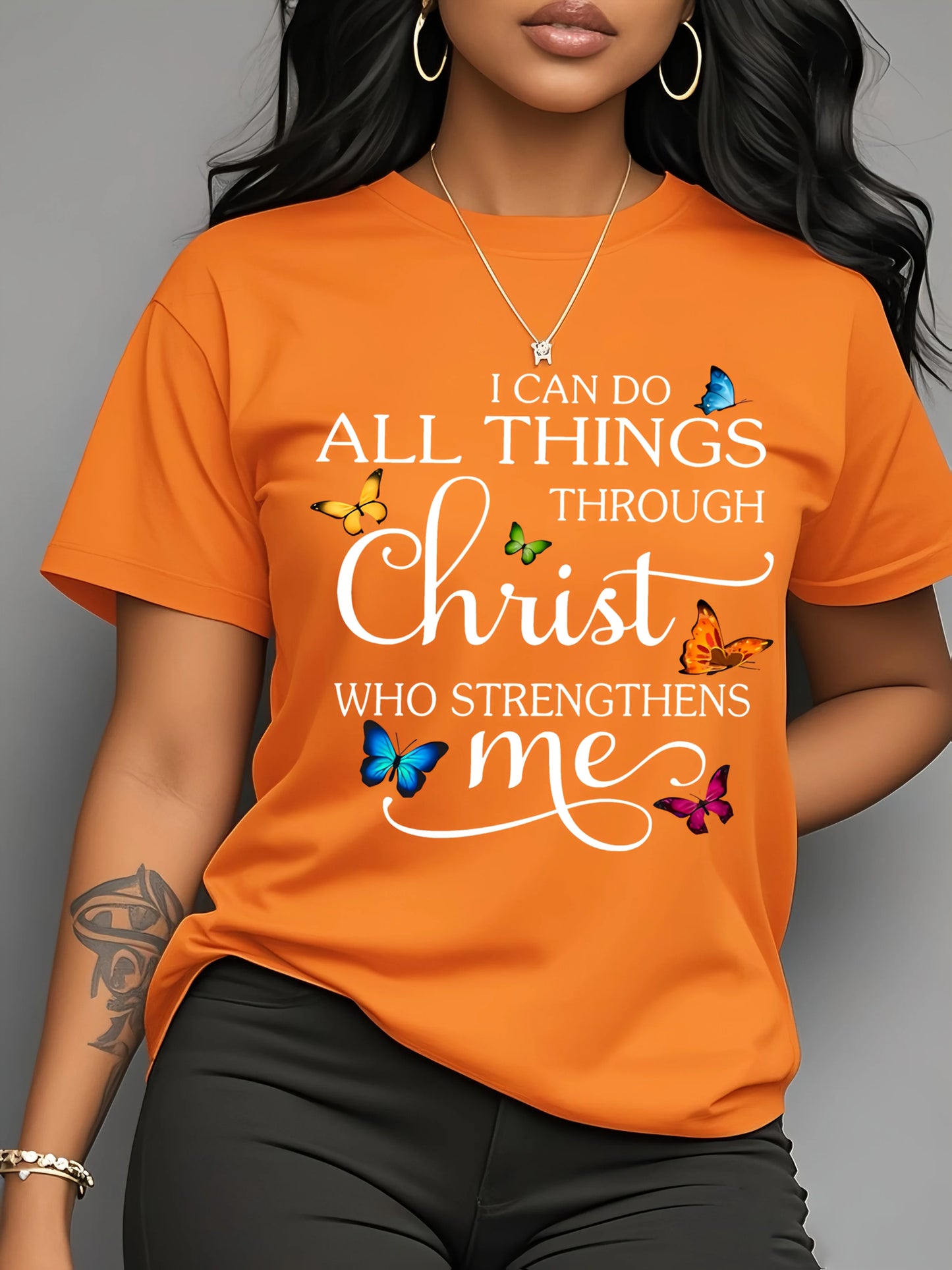 I Can Do All Things Through Christ Women's Tee - Butterfly Christian Graphic, Casual Pink Top