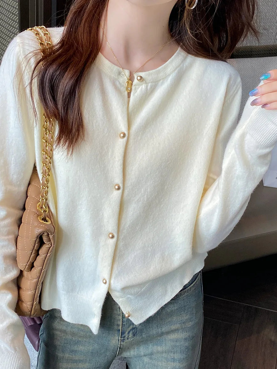 Women's Round Neck Knit Cardigan — Button Front