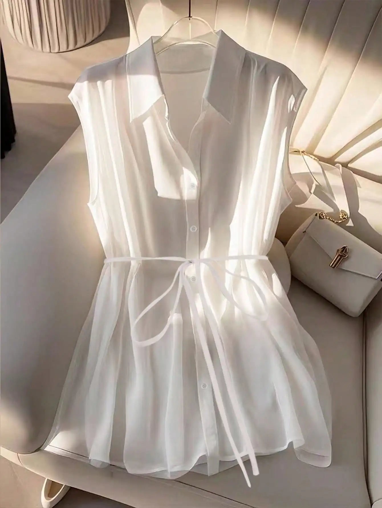 Women's White Sheer Sleeveless Blouse 2026 Turn Down Collar Button Down Belted Waist Peplum Top Casual Office Summer Shirt