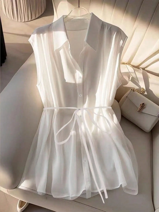 Women's White Sheer Sleeveless Blouse 2026 Turn Down Collar Button Down Belted Waist Peplum Top Casual Office Summer Shirt