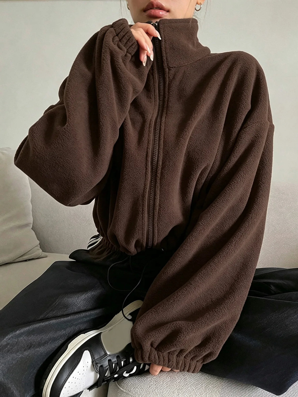 Women's Cropped Polar Fleece Jacket - Stand Collar Zip Up - photo 6