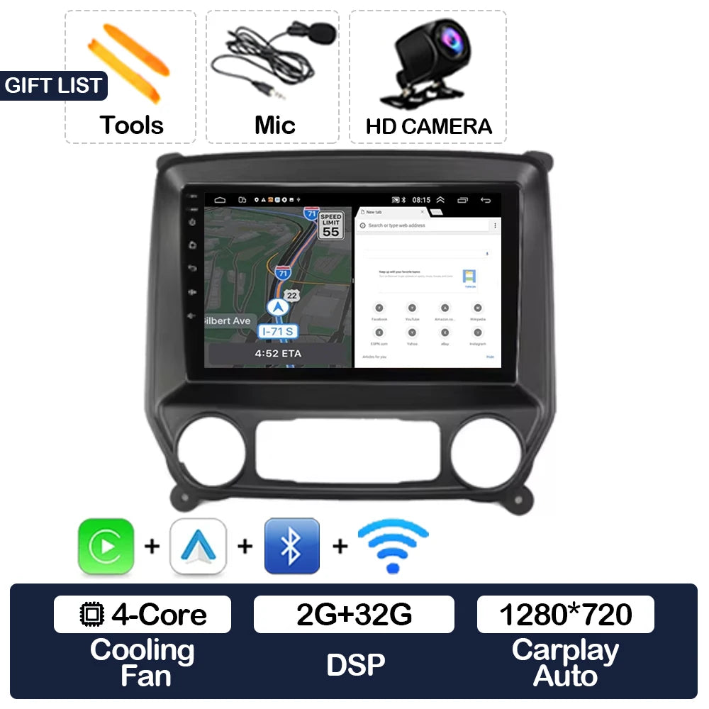 Android 16 Car Radio For Chevrolet Silverado 3 GMTK2 2014 2015 2016 2017 2018 Carplay Auto 2K Screen Multimedia Video Player GPS