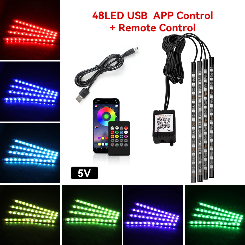 RGB LED Car Interior Ambient Light Strip – 36/48/72 LED Remote & App Music Control | USB or Cigarette Lighter | Atmosphere Foot Light