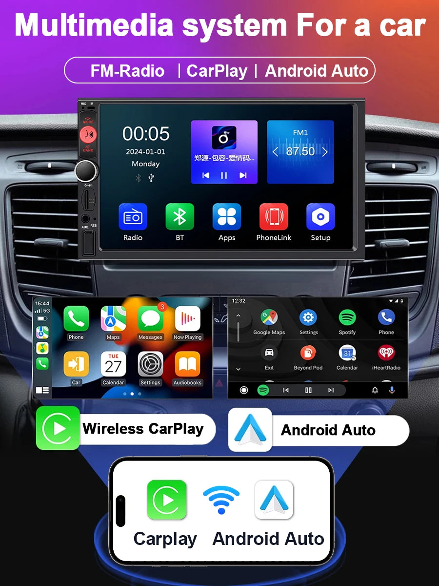 XIMA 2Din 7" IPS Universal Wireless CarPlay Android Auto Car Radio Stereo Multimedia Autoaudio FM Receiver Mirror Link Monitor
